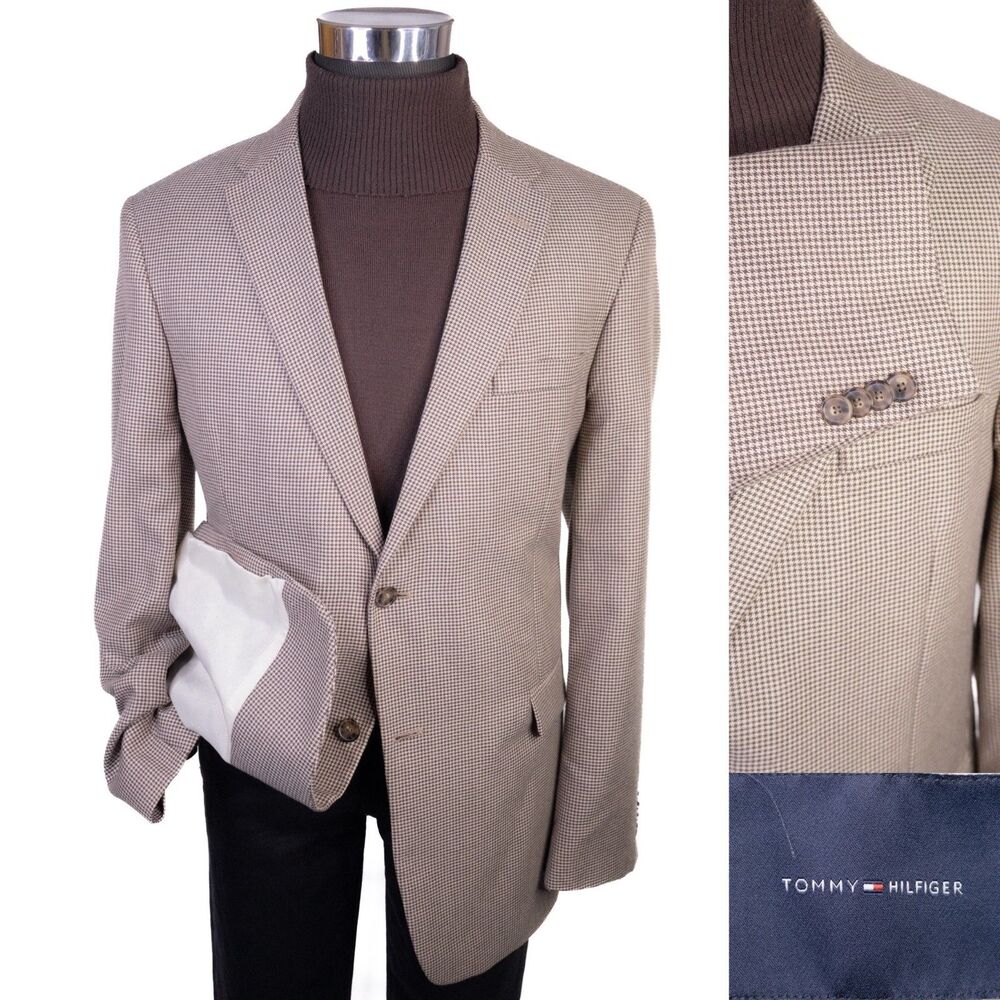 Tommy Hilfiger Men’s 44L Houndstooth Blazer Sport Coat Jacket Beige/Brown 2-Bttn